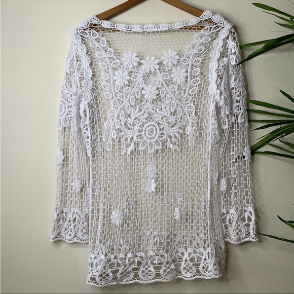 White Open Weave Floral Embroidered Scoop-neck Tunic Top Swim Coverup PTP 19.5” - Picture 7 of 9